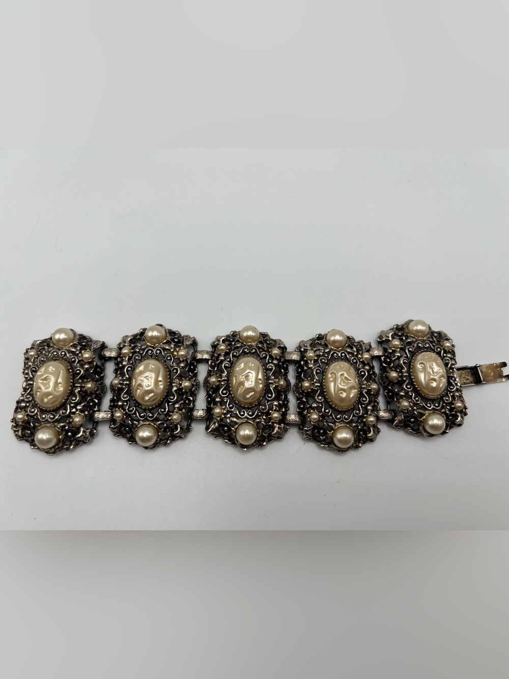 Vintage Faux Baroque Pearl Ornate Silver Tone Wide Panel Statement Bracelet